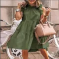 Women summer casual sleeveless tiered solid color swing dress with ruffle mock neck. - S / Dresses / Green