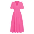 Hot pink V-neck midi dress with puff sleeves and elastic waist for women summer daily wear. - S / Dresses / Rose Red