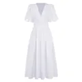 White V-neck puff sleeve tiered midi dress detail, elegant casual summer dress style features. - S / Dresses / White