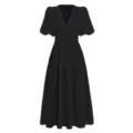 Casual solid color V-neck waist-cinching puff sleeve maxi dress for women summer daily wear. - S / Dresses / Black