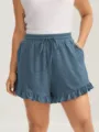 Lässige Damen Sommer Shorts mit hohem Bund, Kordelzug und süßem Rüschensaum für den Alltag. - S / Aqua