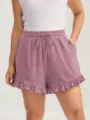 Damen Sommer lässige High Waist lose Shorts mit Kordelzug und süßem Rüschensaum. - S / Rosa