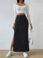 Damen hohe Taille Seite Schlitz Rippstrick Maxi Rock schmale Passform langer Rock - S / Schwarz