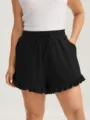 Lässige schwarze High-Waist Rüschenshorts mit Kordelzug und Taschen für den Sommer. - S / Schwarz