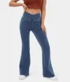 High waist cross waistband flare denim jeans detail view showcasing slim fit design and stretch fabric. - S / Bottoms / Denim Blue