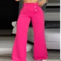 Women's high waist double breasted flare pants bright pink slim fit stretch long trousers - S / Bottoms / Double-Breasted Rose Red