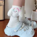 Cute fluffy rabbit long-eared mid-tube cotton socks for women, sweet kawaii style. - One Size (EU 34-39) / White Socks Rabbit with Pink Bow