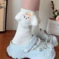 Cute White Bunny Plush Mid-Tube Socks Kawaii Fluffy Rabbit Pearl Cotton Long Socks!! - One Size (EU 34-39) / White Socks Rabbit with Yellow Bow