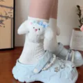 Cute 3D plush rabbit doll white mid-tube cotton socks with light blue star clogs for spring - One Size (EU 34-39) / White Socks Rabbit with Blue Bow