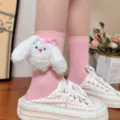 Cute plush rabbit mid-calf socks for women, sweet pink cotton kawaii cute bunny hosiery. - One Size (EU 34-39) / Pink Socks Pink Bow Rabbit