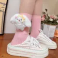 Cute plush rabbit long pink socks with bow and pearls, sweet style cotton mid-tube socks variant. - One Size (EU 34-39) / Pink Socks Rabbit with Yellow Bow