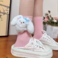 Cute long-ear plush rabbit pink mid-tube socks, sweet Korean style creative funny cotton socks. - One Size (EU 34-39) / Pink Socks Rabbit with Blue Bow