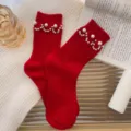 Women red pearl knit socks winter cute sweet mid tube socks detail shot cozy aesthetic style - One Size (EU 34-39) / Smile