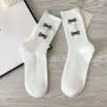 Sweet style women white mid-tube socks with black grid bows and faux pearls, cute design. - One Size (EU 34-39) / White
