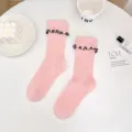 Pink sweet ruffle crew socks for women, featuring elegant faux pearl cuffs and cute design. - One Size (EU 34-39) / Pink