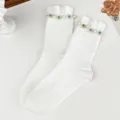 White women mid-tube socks with elegant pearls and sparkling rhinestone decorations. - One Size (EU 34-39) / White
