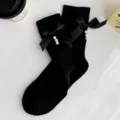 Black mid-calf socks featuring elegant satin bows and pearl details, sweet style. - One Size (EU 34-39) / Black