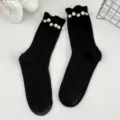Stylish black mid-calf socks featuring elegant pearl and rhinestone embellishments. - One Size (EU 34-39) / Black