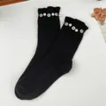 Black mid-calf women socks with pearl and blue rhinestone floral embellishment, ruffled cuffs. - One Size (EU 34-39) / Black