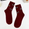 Sweet Korean style women's mid-calf socks featuring chic plaid bows and elegant pearl details. - One Size (EU 34-39) / Burgundy