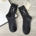 Dark grey ribbed socks featuring charming plaid bows and elegant faux pearls for cute style. - One Size (EU 34-39) / Dark Gray