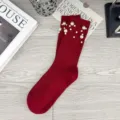 Women's red mid-tube socks with elegant faux pearls, trendy knitted casual slouch long socks. - One Size (EU 34-39) / Burgundy