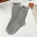 Women grey crew socks featuring elegant pearl and blue rhinestone cuffs, stylish and chic. - One Size (EU 34-39) / Gray