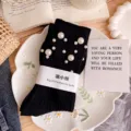 Women fashion black ribbed cotton mid-tube socks featuring elegant pearl beadings for autumn. - One Size (EU 34-39) / Black