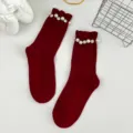 Wine red mid-tube socks for women featuring elegant pearl and sparkling rhinestone cuffs. - One Size (EU 34-39) / Burgundy