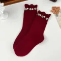 Wine red knitted mid-calf socks with elegant pearl and blue rhinestone floral decorations for women. - One Size (EU 34-39) / Burgundy