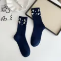 Women mid-tube cotton socks with elegant pearl embellishments, chic daily wear style. - One Size (EU 34-39) / Navy Blue