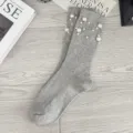Grey ribbed knit mid-calf socks decorated with elegant artificial pearls for women daily wear. - One Size (EU 34-39) / Light Gray