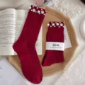 Anchor red pearl ribbed socks for women, stylish mid-tube design with elegant pearl and rhinestone details. - One Size (EU 34-39) / Burgundy