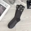 Women grey knit slouch socks with artificial pearls, trendy autumn winter mid-calf hosiery. - One Size (EU 34-39) / Dark Gray