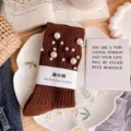 Brown pearl embellished crew socks stylish cotton knit hosiery sweet cute stacked socks - One Size (EU 34-39) / Caramel color