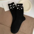 Black pearl knit socks winter warm mid-calf fashion decorative beaded hosiery stylish - One Size 34-39 / Black