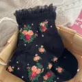 Vintage floral crystal silk socks with black lace ruffle trim for women, sheer summer cute short socks. - One Size 34-39 / Black