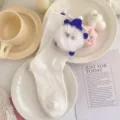 Cute white mid-tube socks for girls featuring a fluffy plush elf doll with blue hat and glasses. - L: 18-20 (Ages 6-8, EU 26-31) / White Socks with White Pompoms