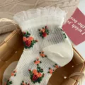Retro Mori floral sheer short socks for women, spring and summer thin lace crystal silk socks. - One Size 34-39 / White