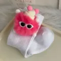 Cute fluffy doll mid-tube socks for women, stylish white ribbed knit casual fashion socks. - One Size 34-39 / White Socks with Pink Pompoms
