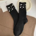 Dark grey pearl knit socks for women, thick warm winter mid-tube rabbit wool socks variant. - One Size 34-39 / Dark Gray