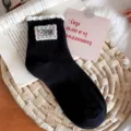 Japanese cute black ruffle socks with decorative buttons, stylish college style short socks. - One Size 34-39 / Black