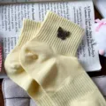 Cute light yellow cotton short socks featuring a delicate rhinestone butterfly decoration. - One Size 34-39 / Yellow