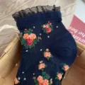 Retro dark blue floral short socks with black mesh ruffle trim, cute and sweet daily style. - One Size 34-39 / Navy Blue