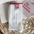 Calcetines blancos de media pantorrilla con volantes rojos y parche de conejo, algodón suave. - Talla única 34-39 / Borde Ondulado
