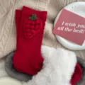 Red women mid-calf socks with cute 3d knit strawberry design, cozy sweet winter hosiery. - Red Strawberries Cable Knit