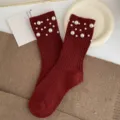 Wine red pearl knitted socks for women, stylish vintage winter thick crew socks. - One Size 34-39 / Brick Red