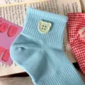 Light blue cotton short socks with a cute bear button, breathable mesh knit for spring summer. - One Size / Dark Blue with Green Buttons