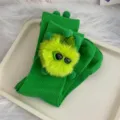 Cute novelty doll green mid-tube socks with fuzzy plush pom-pom and quirky toy design. - One Size 34-39 / Grass Green with Green Pompoms