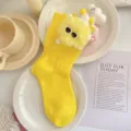 Cute girls yellow mid-calf socks featuring fluffy elf doll and sunglasses, stylish and cozy. - L: 18-20 (Ages 6-8, EU 26-31) / Yellow Socks Yellow Ball